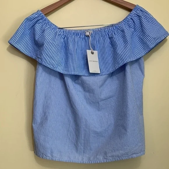 Lucky NWT Blue White Striped Ruffle Off Shoulder 100% Cotton Flounce Boxy Top S - Picture 12 of 12